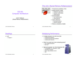 CIS 501 Computer Architecture This Unit: Shared Memory Multiprocessors Readings Multiplying Performance