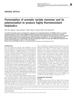 Fermentation of Aromatic Lactate Monomer and Its Polymerization to Produce Highly Thermoresistant Bioplastics