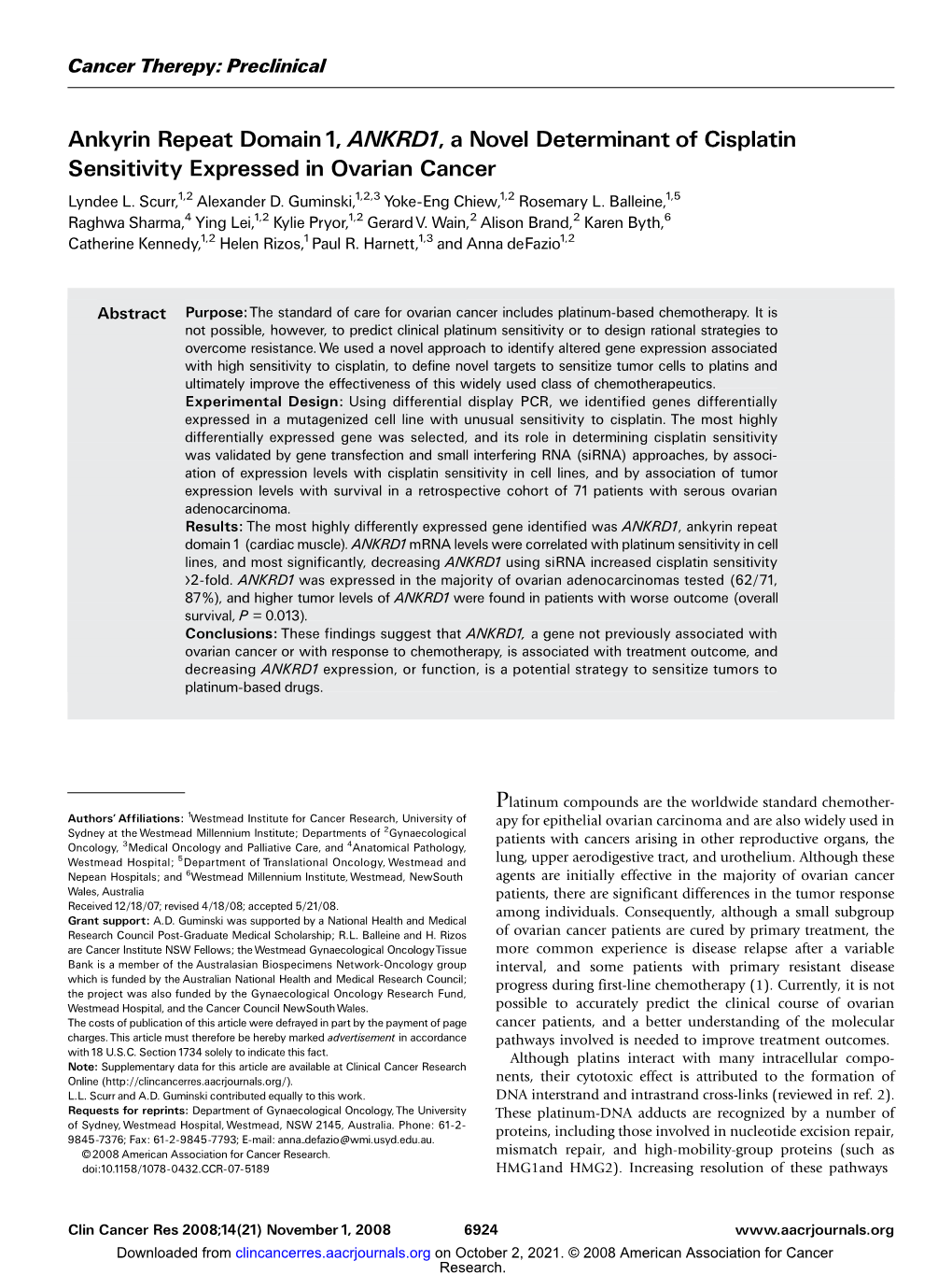 Ankyrin Repeat Domain 1, ANKRD1, a Novel Determinant of Cisplatin Sensitivity Expressed in Ovarian Cancer Lyndee L