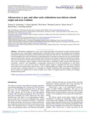 Athenacrinus N. Gen. and Other Early Echinoderm Taxa Inform Crinoid Origin and Arm Evolution