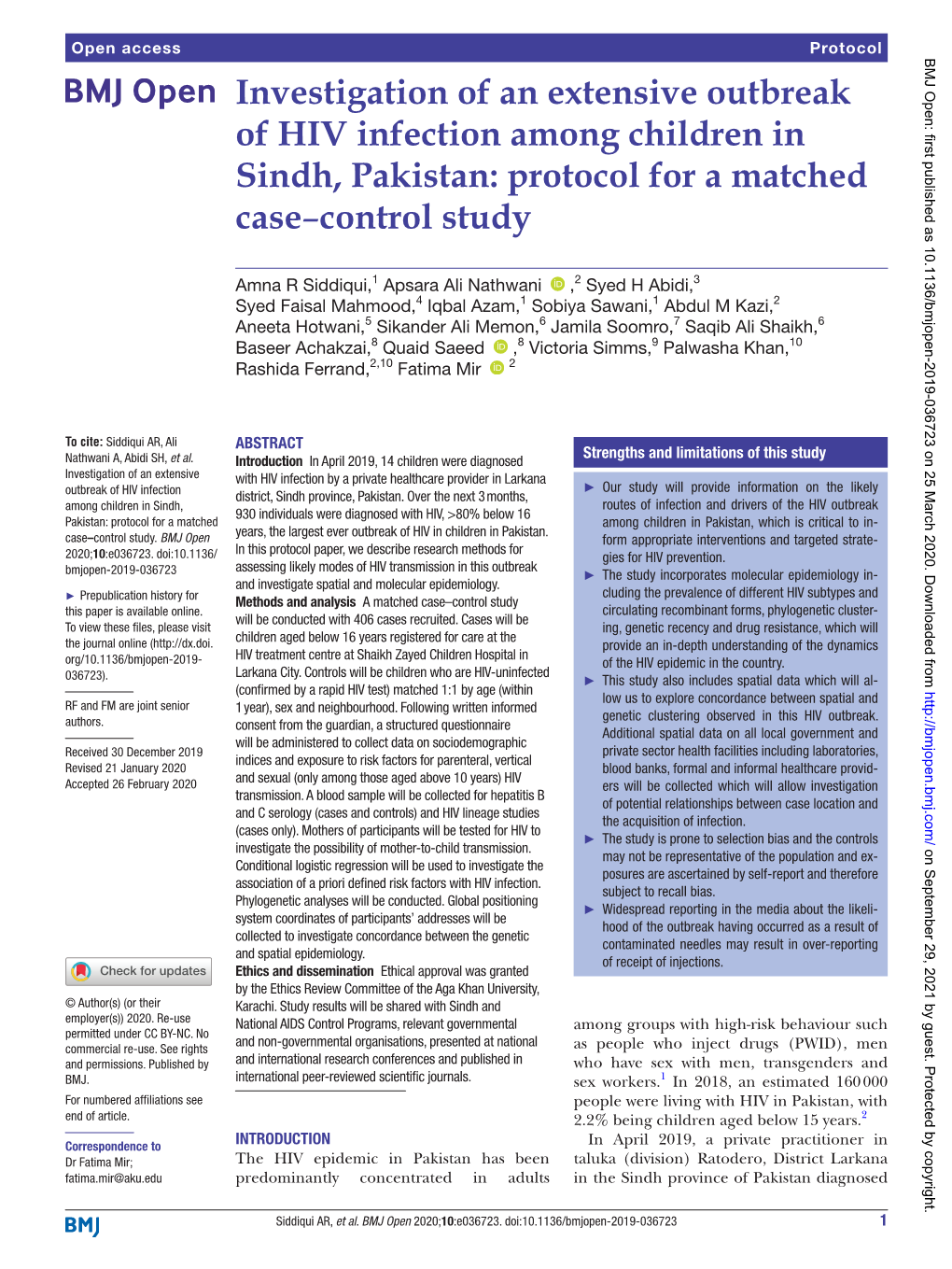 Investigation of an Extensive Outbreak of HIV Infection Among Children in Sindh, Pakistan: Protocol for a Matched Case–Control Study