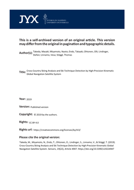 Cross-Country Skiing Analysis and Ski Technique Detection by High-Precision Kinematic Global Navigation Satellite System