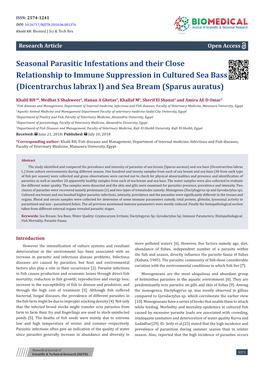 Seasonal Parasitic Infestations and Their Close Relationship to Immune Suppression in Cultured Sea Bass (Dicentrarchus Labrax L) and Sea Bream (Sparus Auratus)