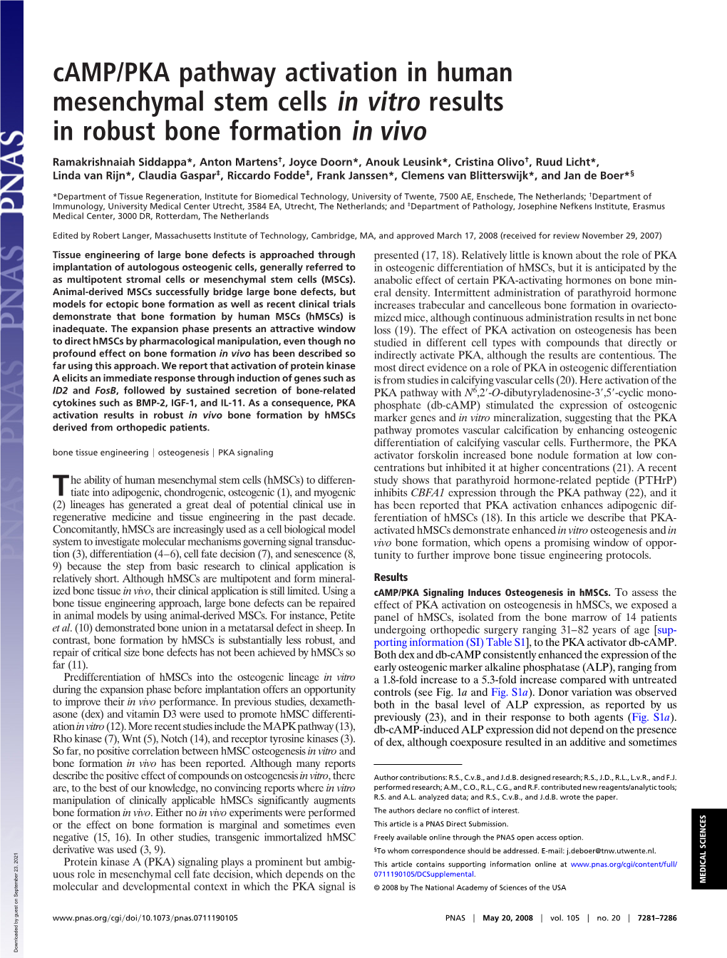 Camp/PKA Pathway Activation in Human Mesenchymal Stem Cells in Vitro Results in Robust Bone Formation in Vivo