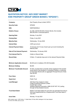 Nzx Debt Market Kiwi Property Group Green Bonds (“Kpg050”)