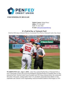 Penfed CEO James Schenck Throws Ceremonial First Pitch at Nationals Labor Day Game