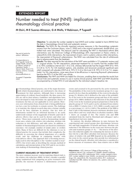 Number Needed to Treat (NNT): Implication in Rheumatology Clinical Practice M Osiri, M E Suarez-Almazor, G a Wells, V Robinson, P Tugwell