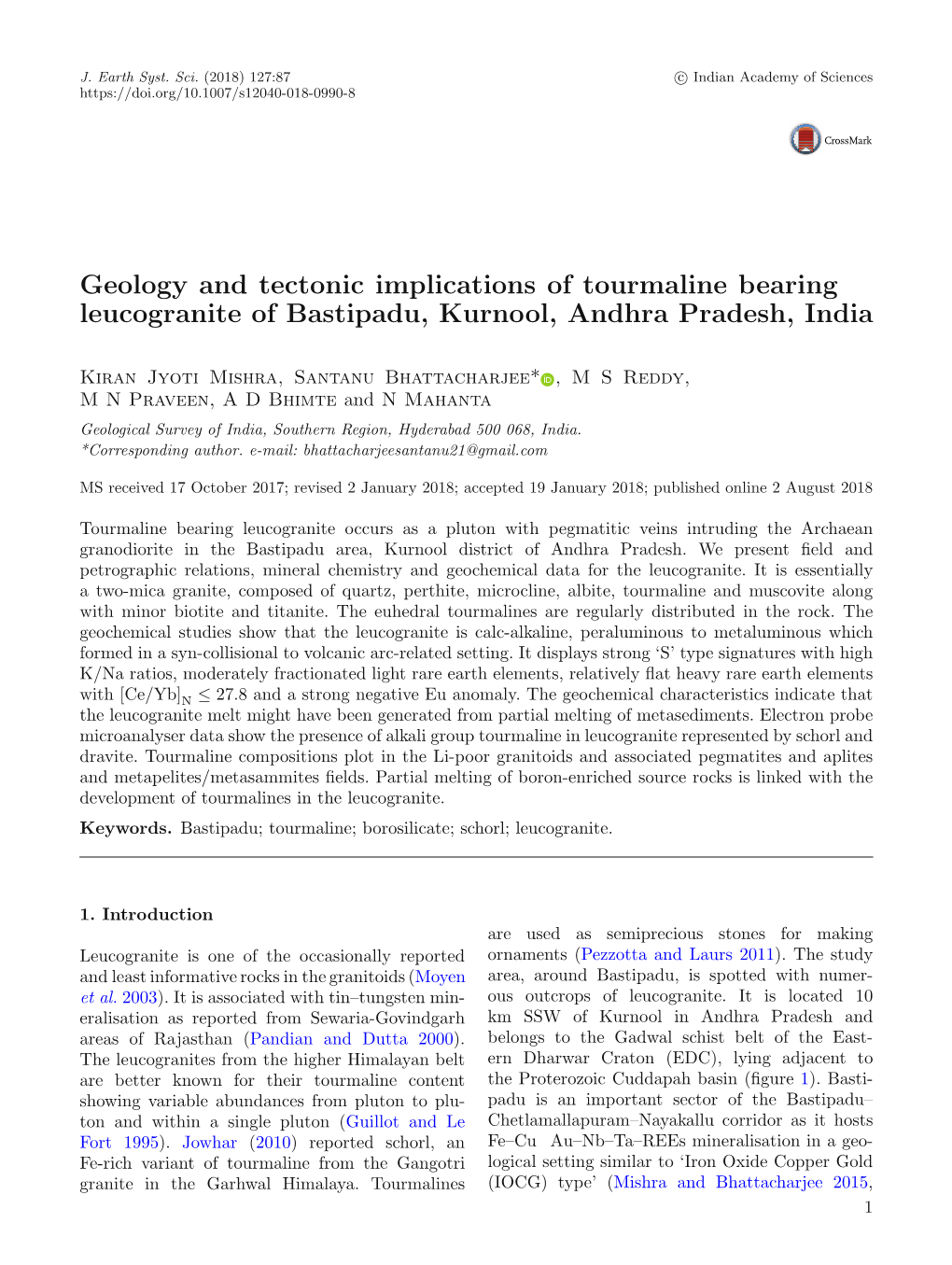 Geology and Tectonic Implications of Tourmaline Bearing Leucogranite of Bastipadu, Kurnool, Andhra Pradesh, India