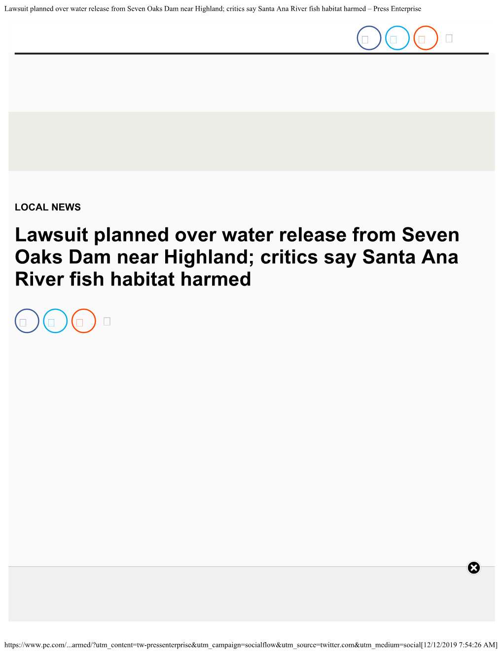 Lawsuit Planned Over Water Release from Seven Oaks Dam Near Highland; Critics Say Santa Ana River Fish Habitat Harmed – Press Enterprise