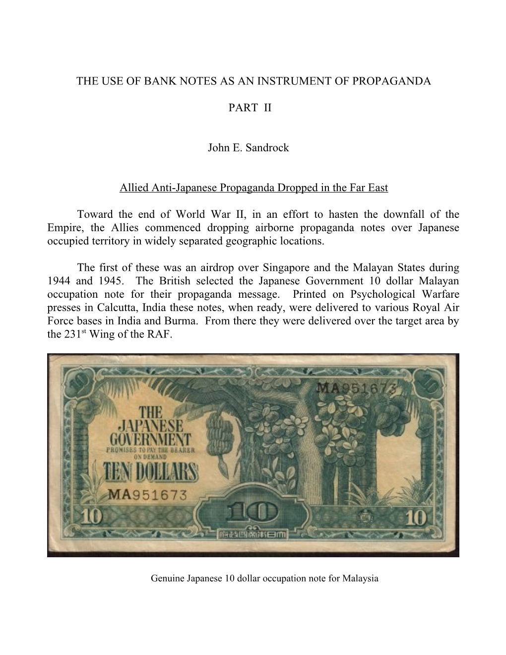 The Use of Bank Notes As an Instrument of Propaganda