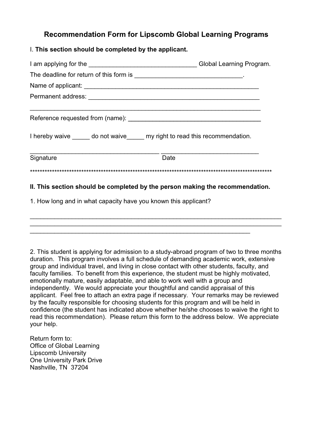 Recommendation Form for Global Learning Programs