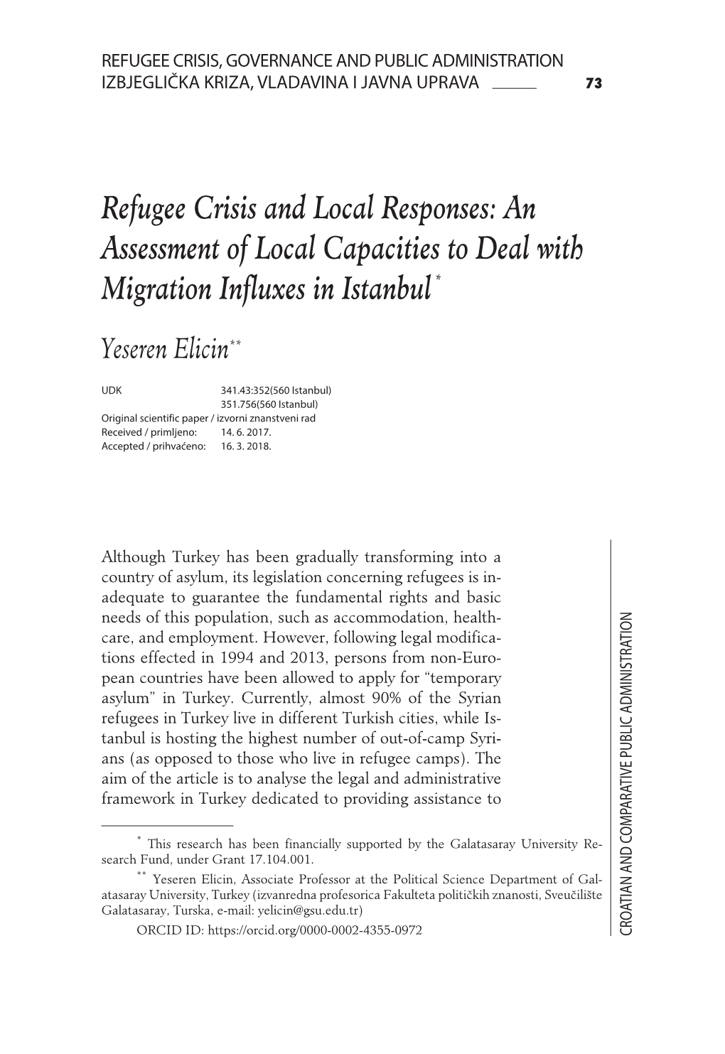 Refugee Crisis and Local Responses: an Assessment of Local Capacities to Deal with Migration Influxes in Istanbul *