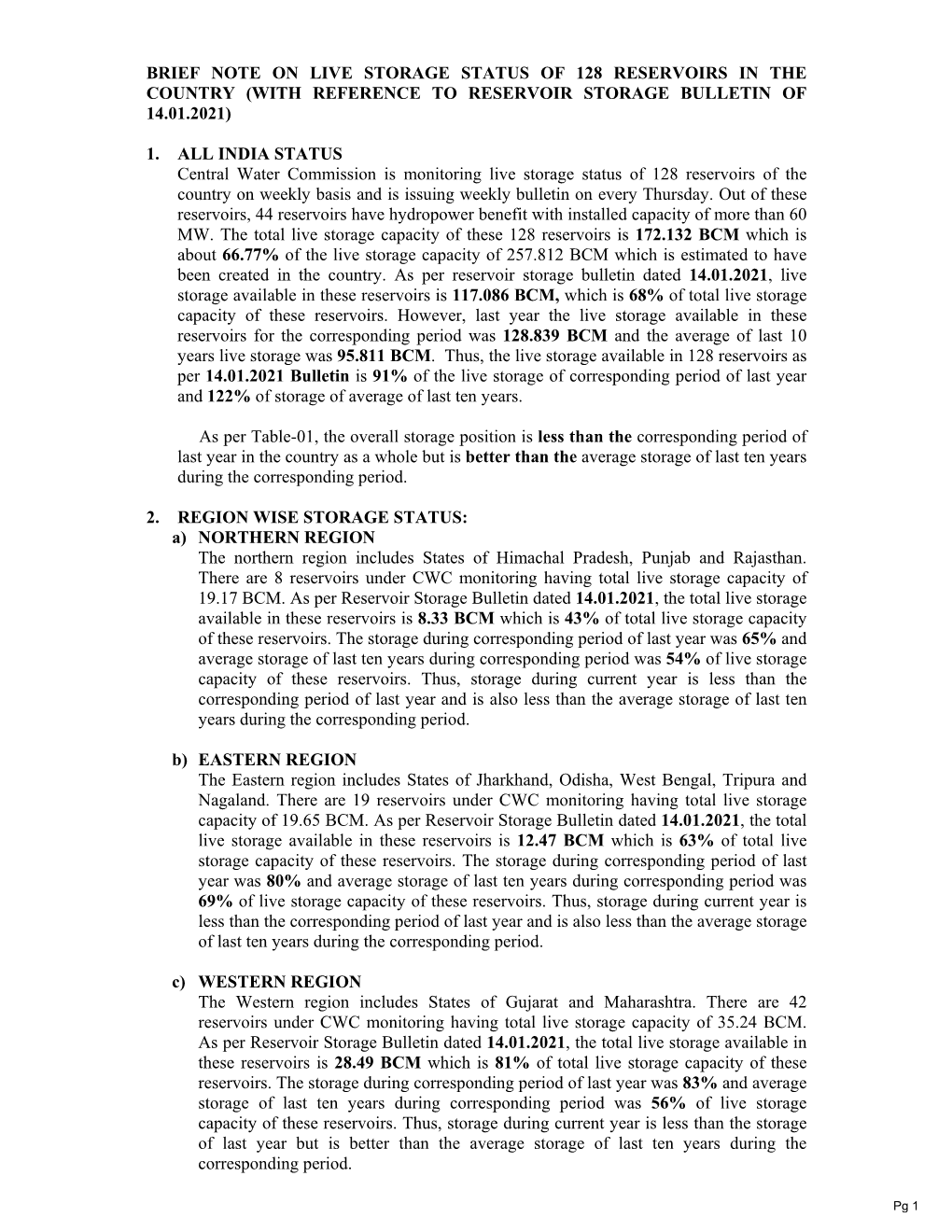 Brief Note on Live Storage Status of 128 Reservoirs in the Country (With Reference to Reservoir Storage Bulletin of 14.01.2021)