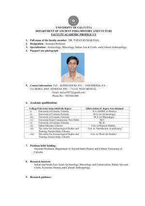 Artment of Ancient India History and Culture Faculty Academic Profile/ Cv