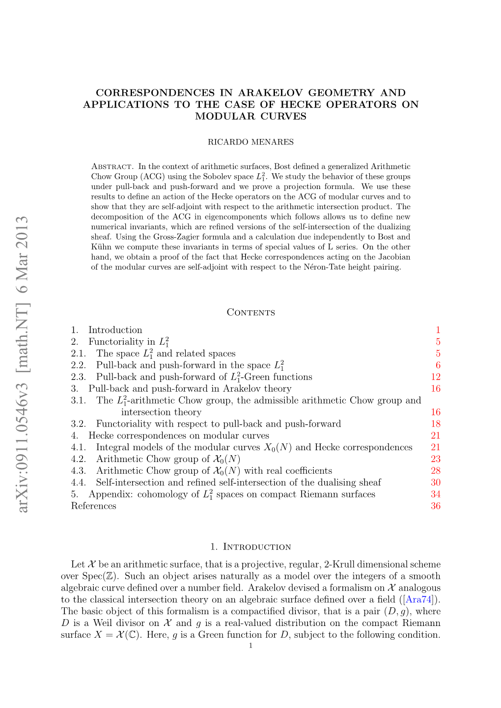 Correspondences in Arakelov Geometry and Applications to the Case of Hecke Operators on Modular Curves