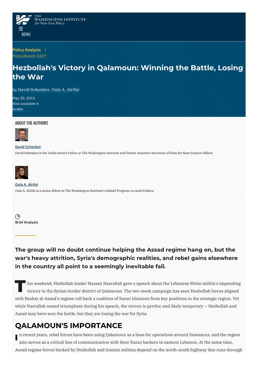 Hezbollah's Victory in Qalamoun: Winning the Battle, Losing the War by David Schenker, Oula A
