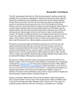 2021 Spring Bird Banding Summary