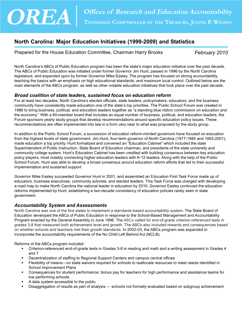 North Carolina: Major Education Initiatives (1999-2009) and Statistics