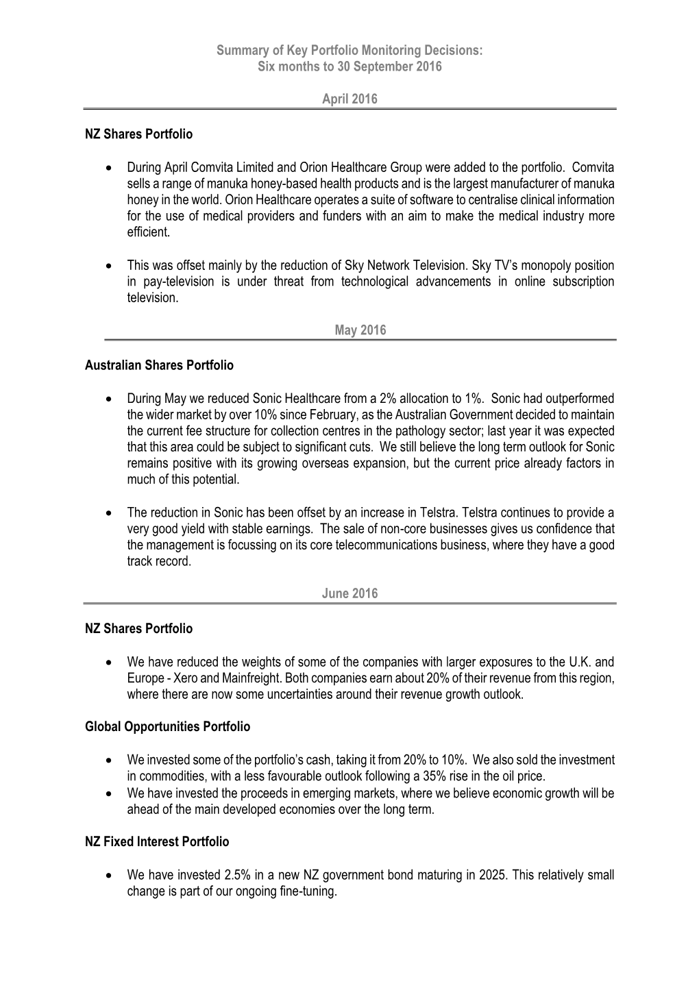 Summary of Key Portfolio Monitoring Decisions: Six Months to 30 September 2016