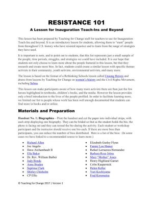RESISTANCE 101 a Lesson for Inauguration Teach-Ins and Beyond