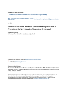 Revision of the North American Species of Amblyderus with a Checklist of the World Species (Coleoptera: Anthicidae)