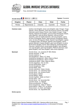 FULL ACCOUNT FOR: Arundo Donax Global Invasive Species Database