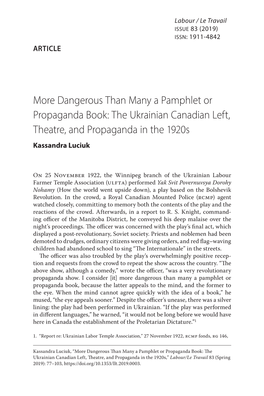 The Ukrainian Canadian Left, Theatre, and Propaganda in the 1920S Kassandra Luciuk