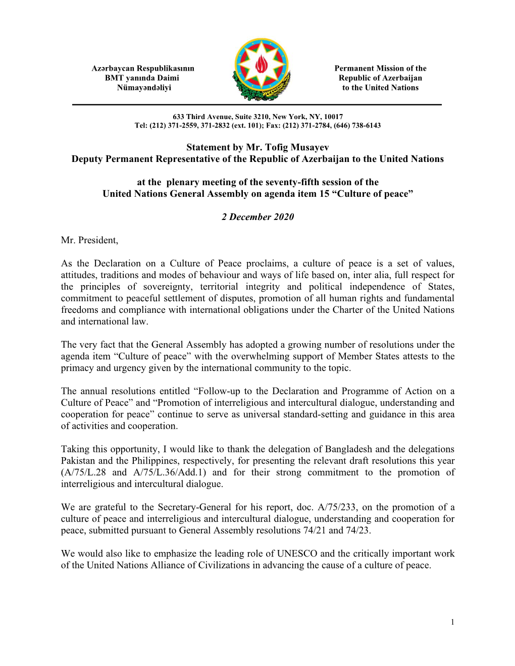 Statement by Mr. Tofig Musayev Deputy Permanent Representative of the Republic of Azerbaijan to the United Nations at the Plen