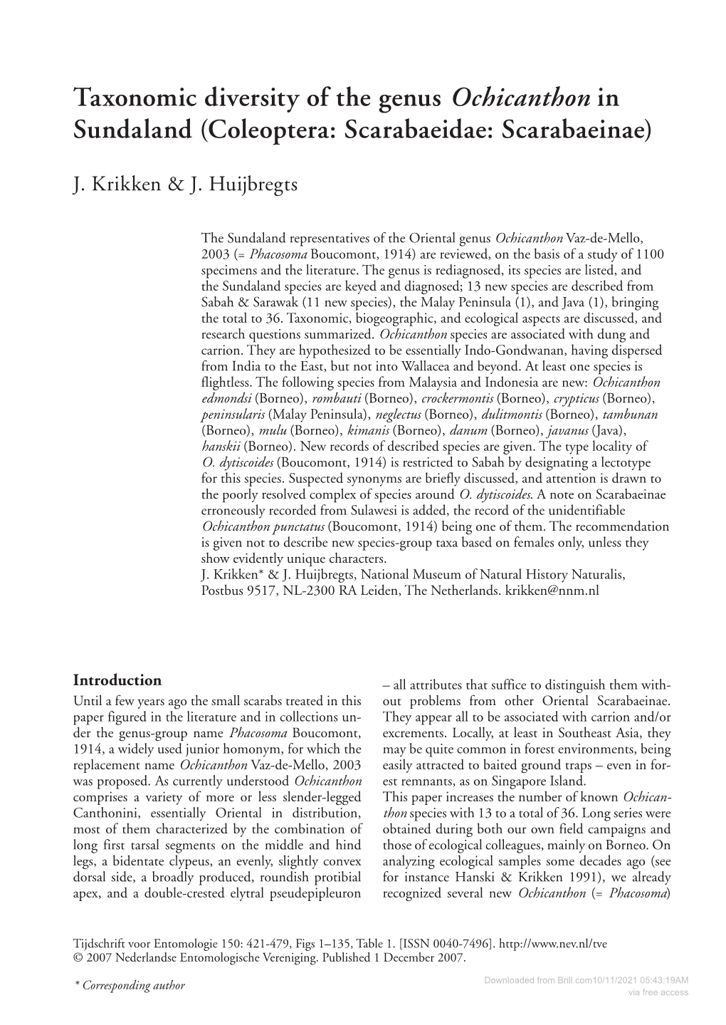 Downloaded from Brill.Com10/11/2021 05:43:19AM * Corresponding Author Via Free Access 422 Tijdschrift Voor Entomologie, Volume 150, 2007