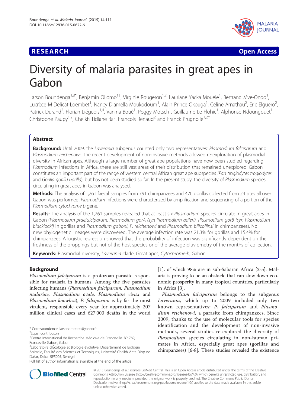 Diversity of Malaria Parasites in Great Apes in Gabon