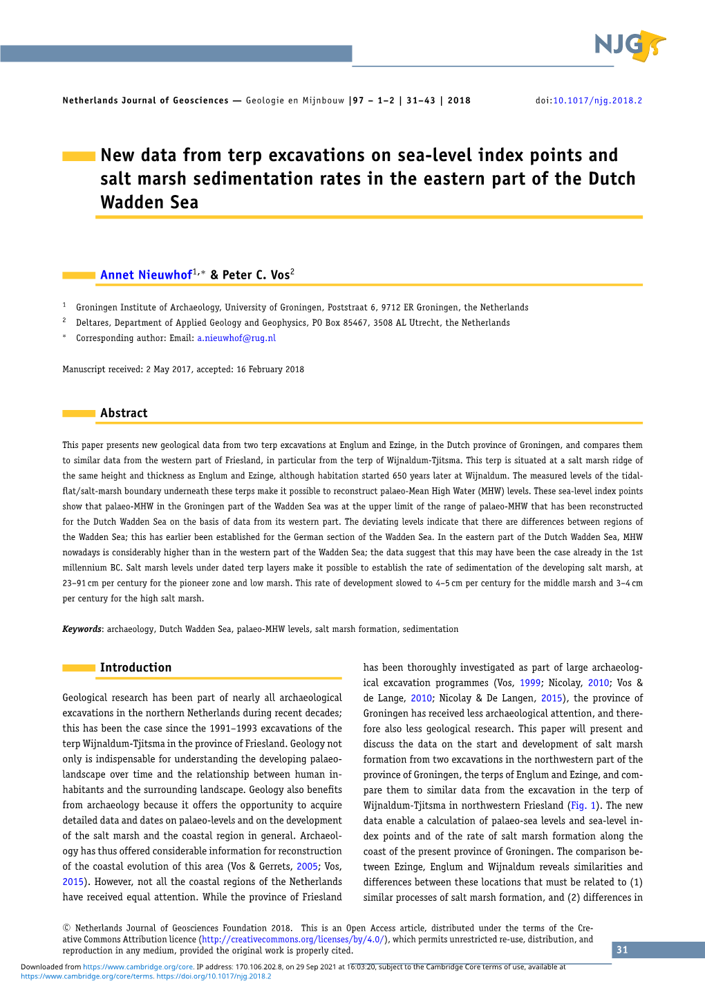 New Data from Terp Excavations on Sea-Level Index Points and Salt Marsh Sedimentation Rates in the Eastern Part of the Dutch Wadden Sea