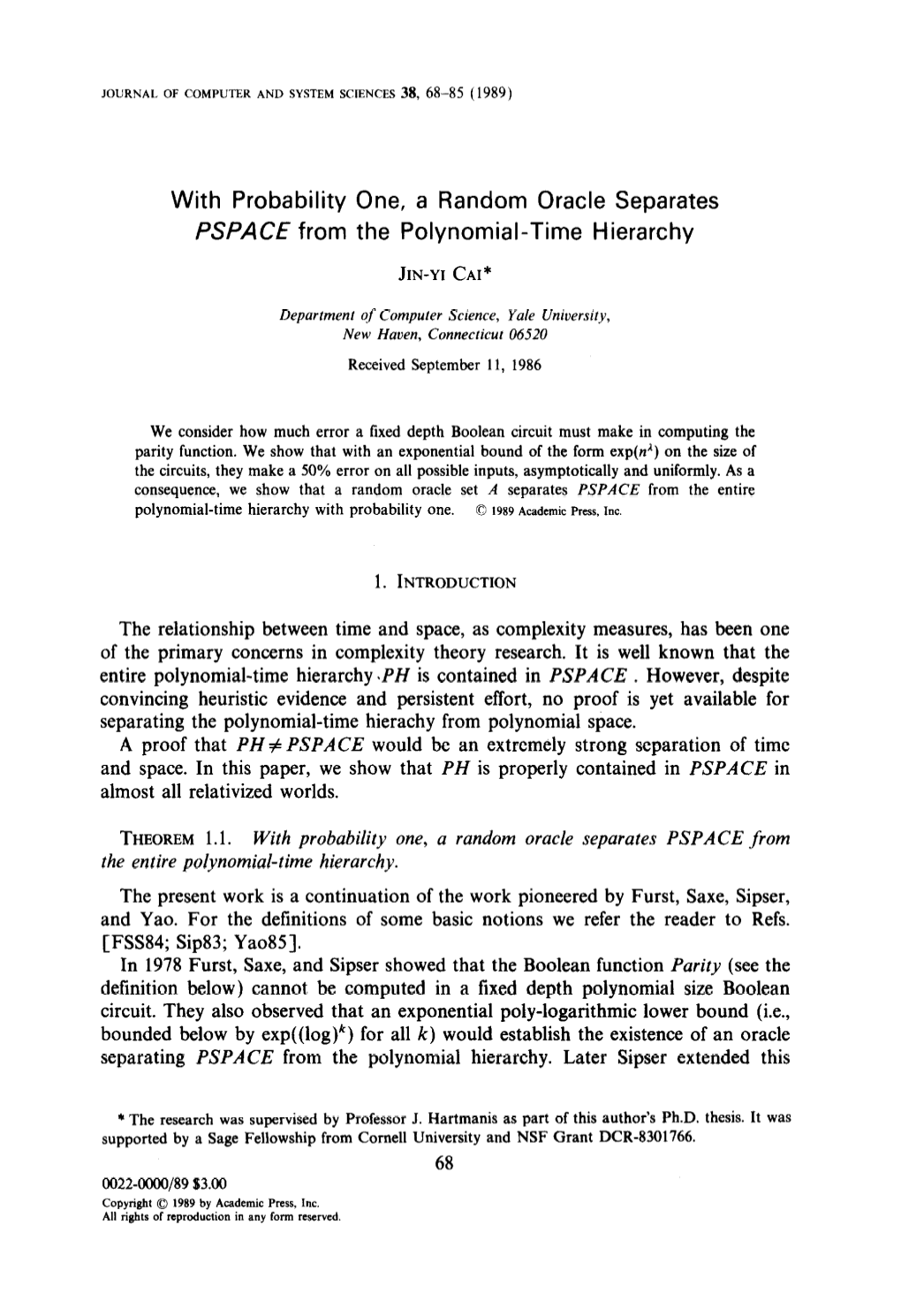 With Probability One, a Random Oracle Separates PSPACE from the Polynomial-Time Hierarchy