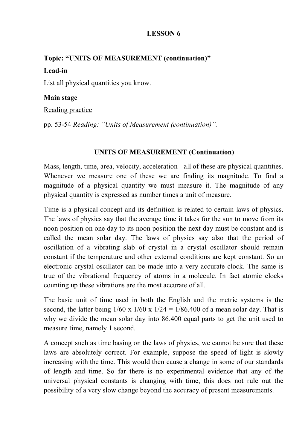 LESSON 6 Topic: “UNITS of MEASUREMENT (Continuation