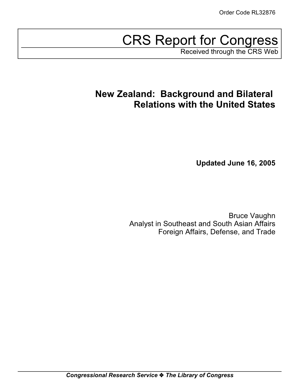 New Zealand: Background and Bilateral Relations with the United States