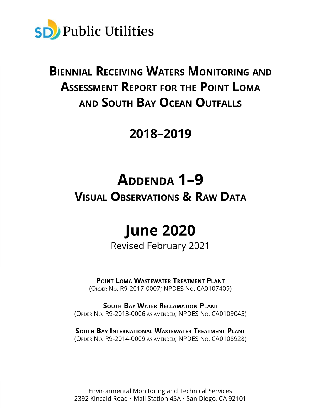 2018-2019 Biennial Receiving Waters Monitoring Report Addenda