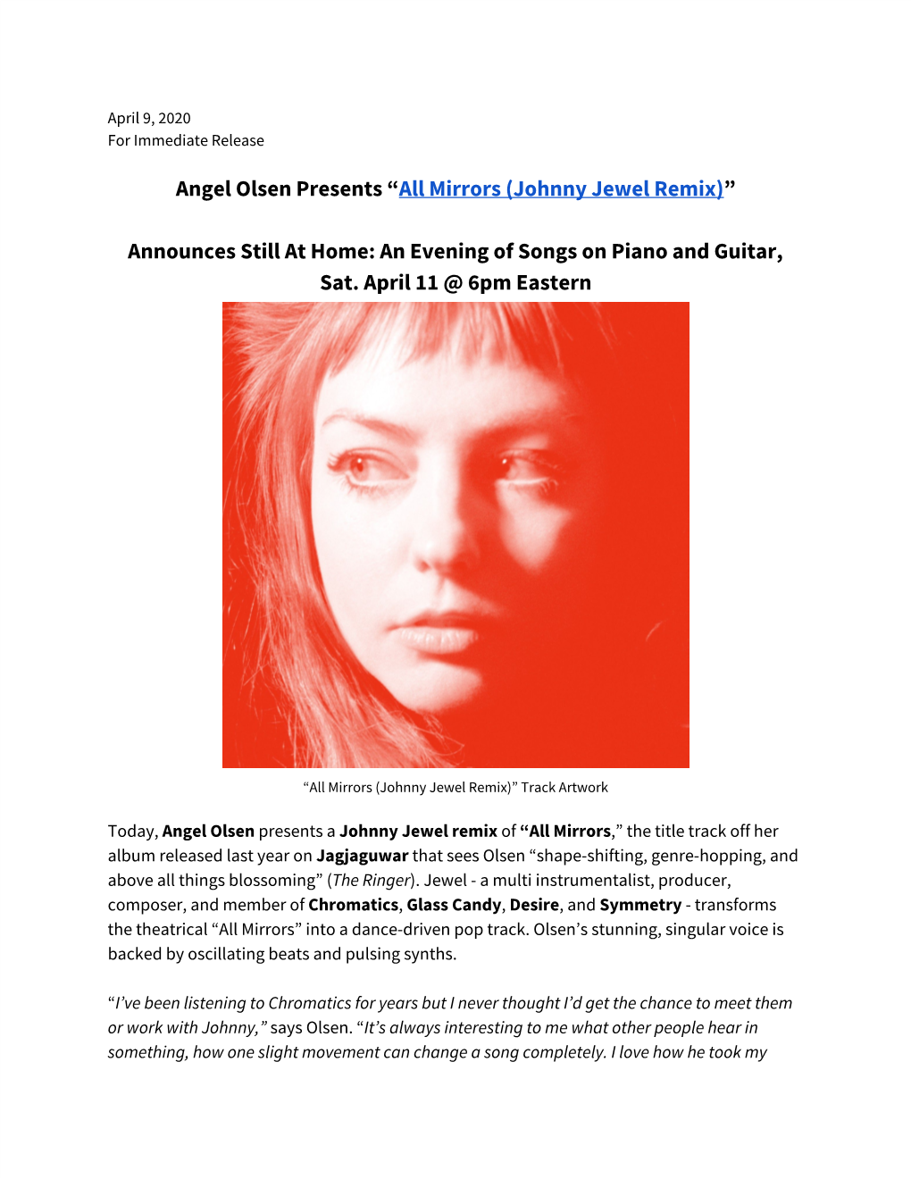 Angel Olsen Presents “​All Mirrors (Johnny Jewel Remix