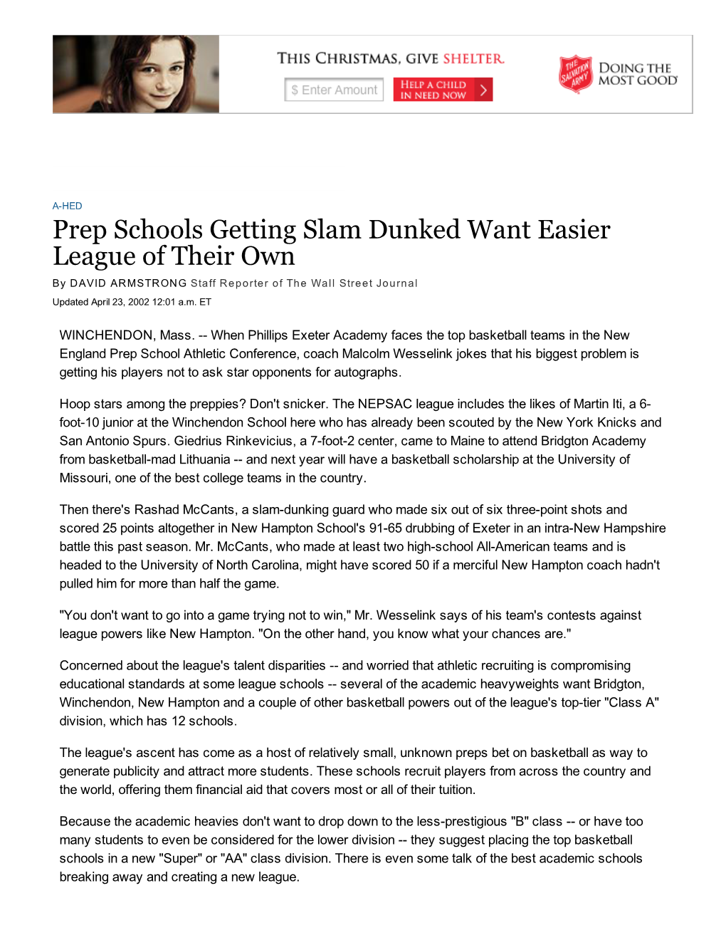 Prep Schools Getting Slam Dunked Want Easier League of Their Own ­ WSJ