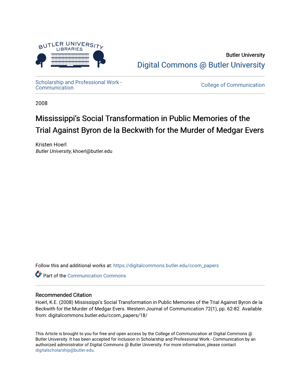 Mississippi's Social Transformation in Public Memories of the Trial Against Byron De La Beckwith for the Murder of Medgar Evers