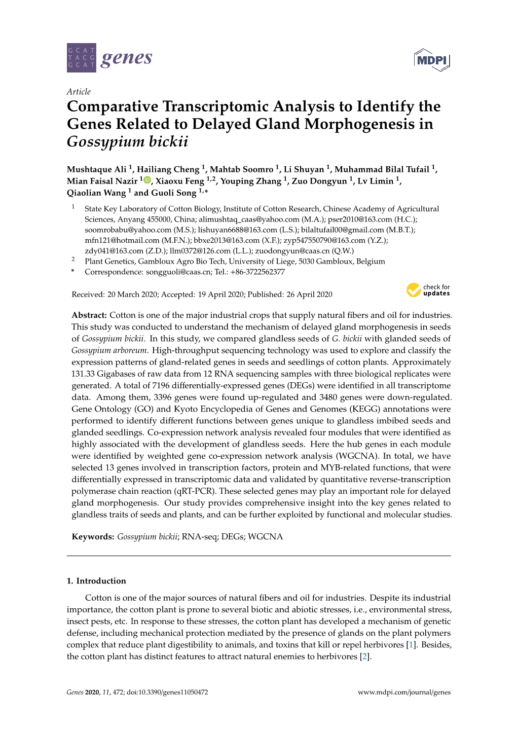 Comparative Transcriptomic Analysis to Identify the Genes Related to Delayed Gland Morphogenesis in Gossypium Bickii