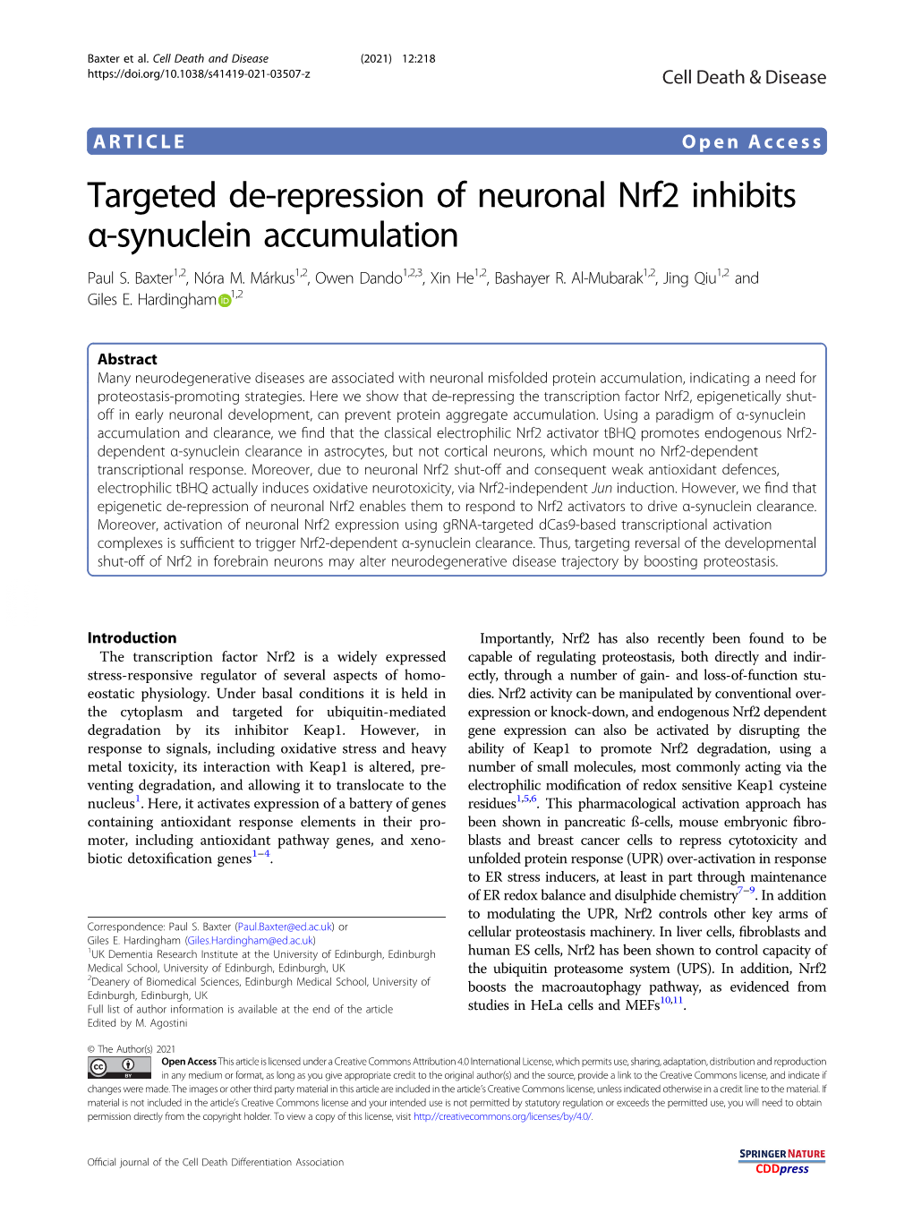 Targeted De-Repression of Neuronal Nrf2 Inhibits Α-Synuclein Accumulation Paul S