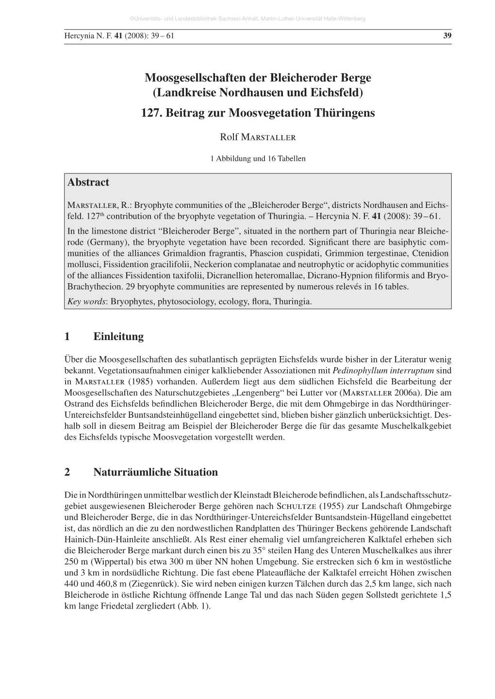 Moosgesellschaften Der Bleicheroder Berge (Landkreise Nordhausen Und Eichsfeld) 127