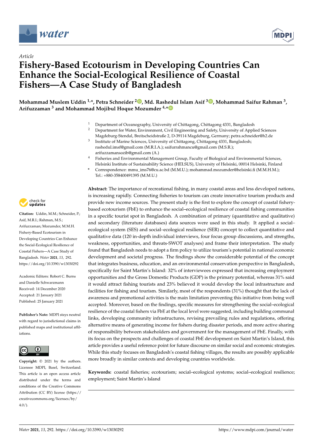 Fishery-Based Ecotourism in Developing Countries Can Enhance the Social-Ecological Resilience of Coastal Fishers—A Case Study of Bangladesh