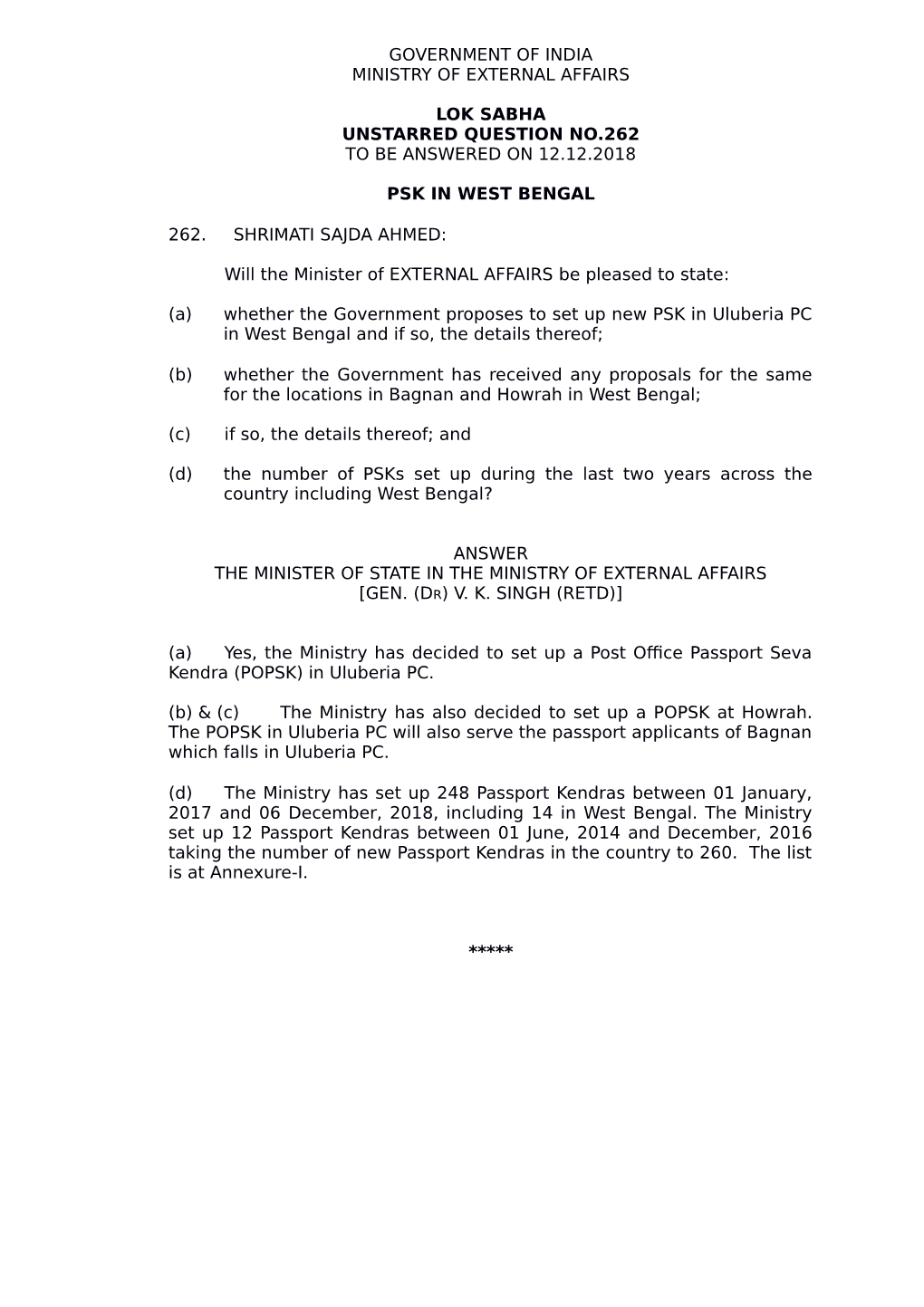 Government of India Ministry of External Affairs Lok Sabha Unstarred Question No.262 to Be Answered on 12.12.2018 Psk in West Be