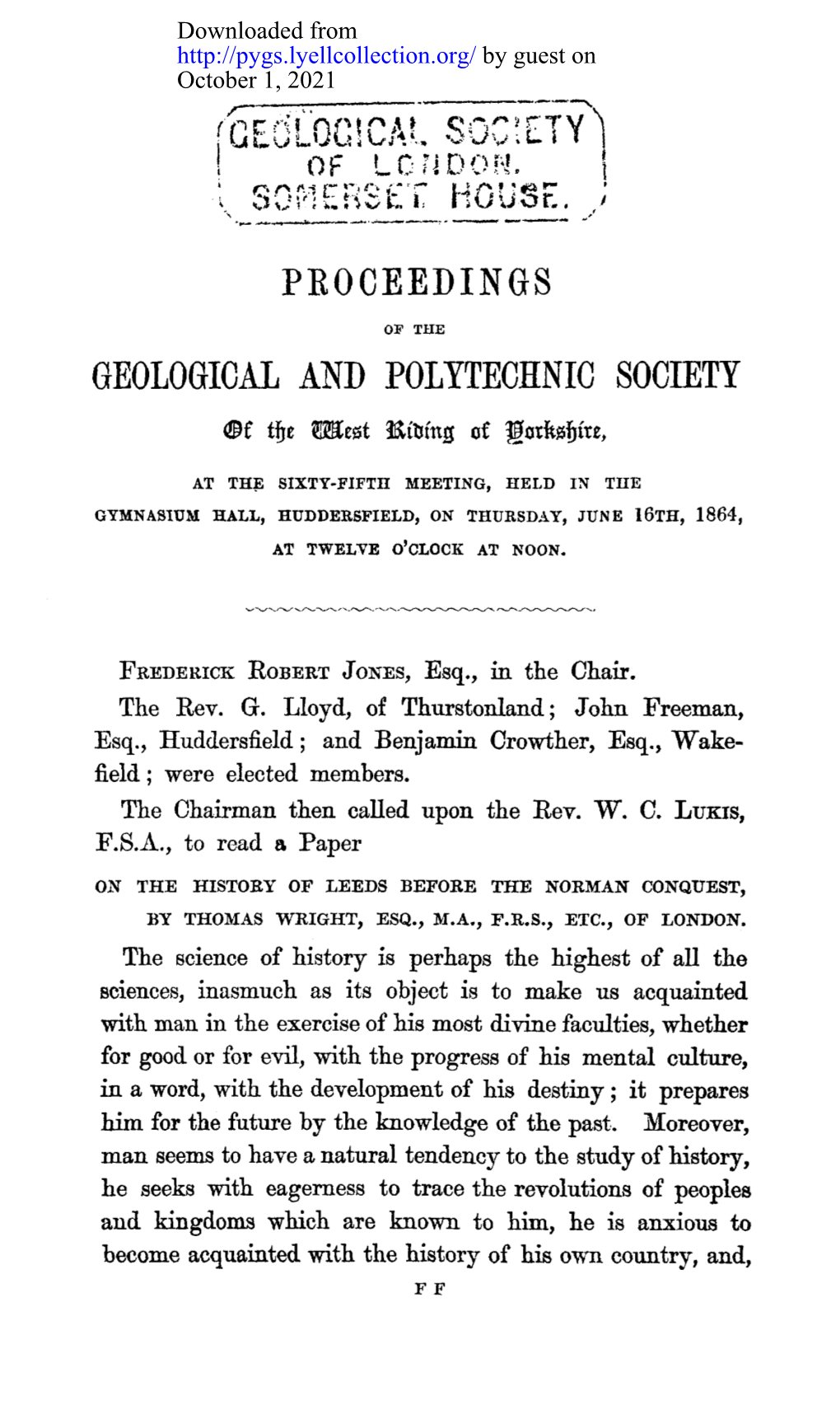 On the History of Leeds Before the Norman Conquest, by Thomas Wright, Esq., M.A., F.R.S., Etc., of London