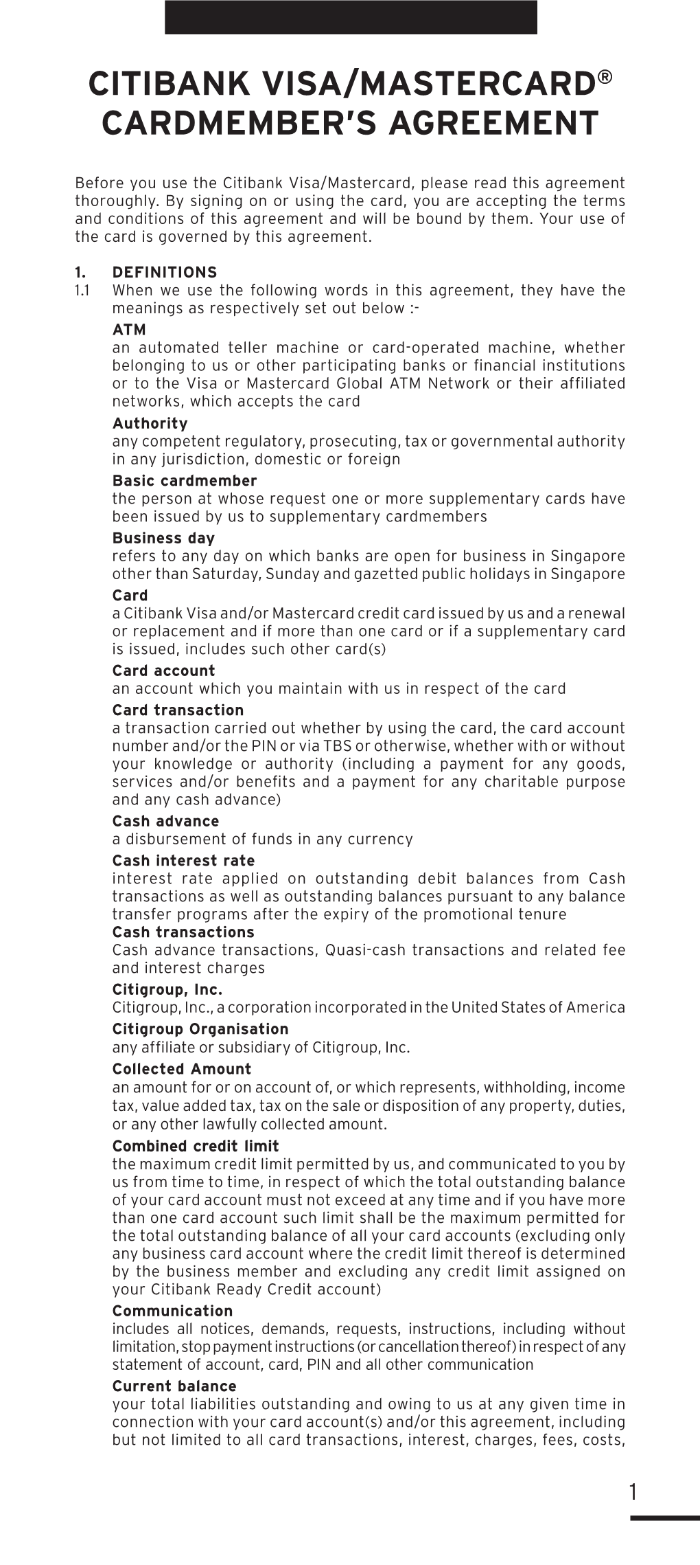 Citibank Visa/Mastercard® Cardmember's Agreement