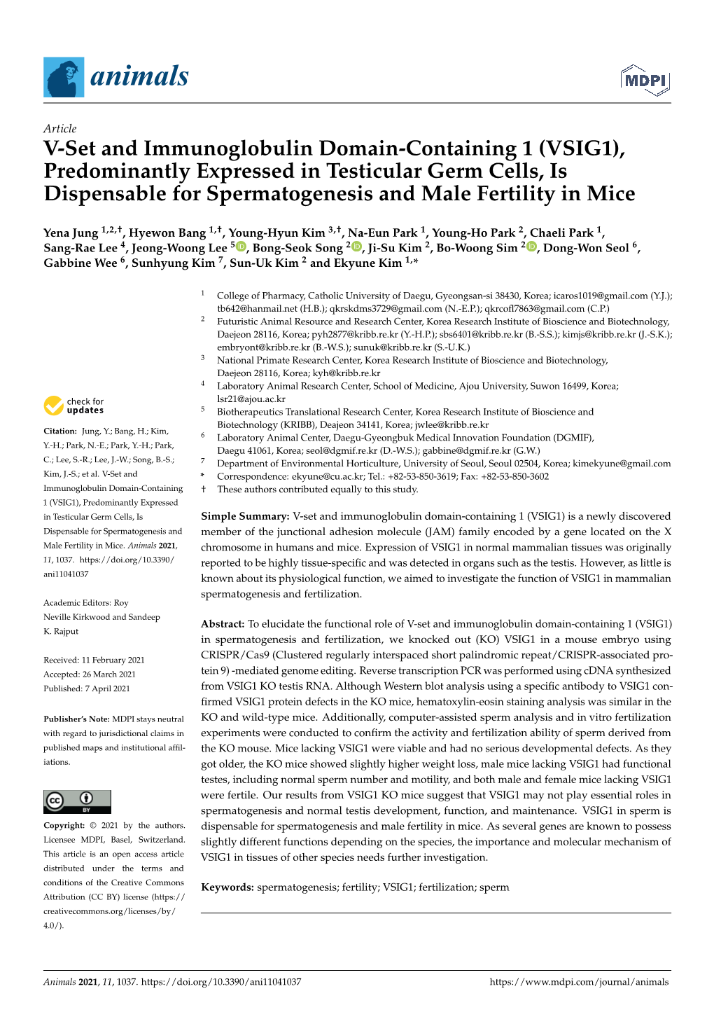 V-Set and Immunoglobulin Domain-Containing 1 (VSIG1), Predominantly Expressed in Testicular Germ Cells, Is Dispensable for Spermatogenesis and Male Fertility in Mice