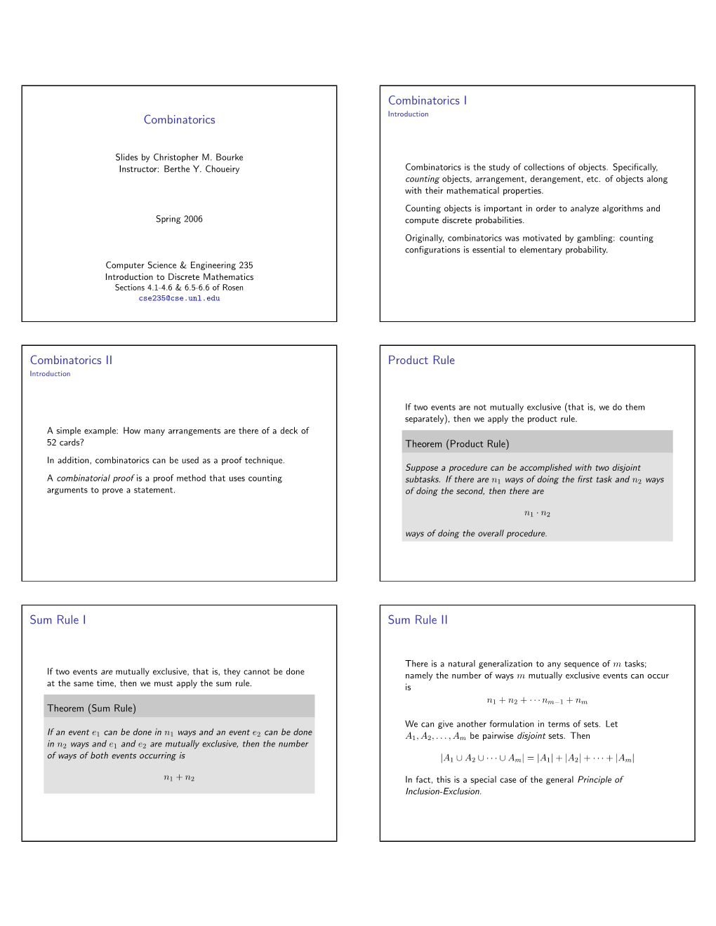 Combinatorics Combinatorics I Combinatorics II Product Rule Sum Rule I Sum Rule II