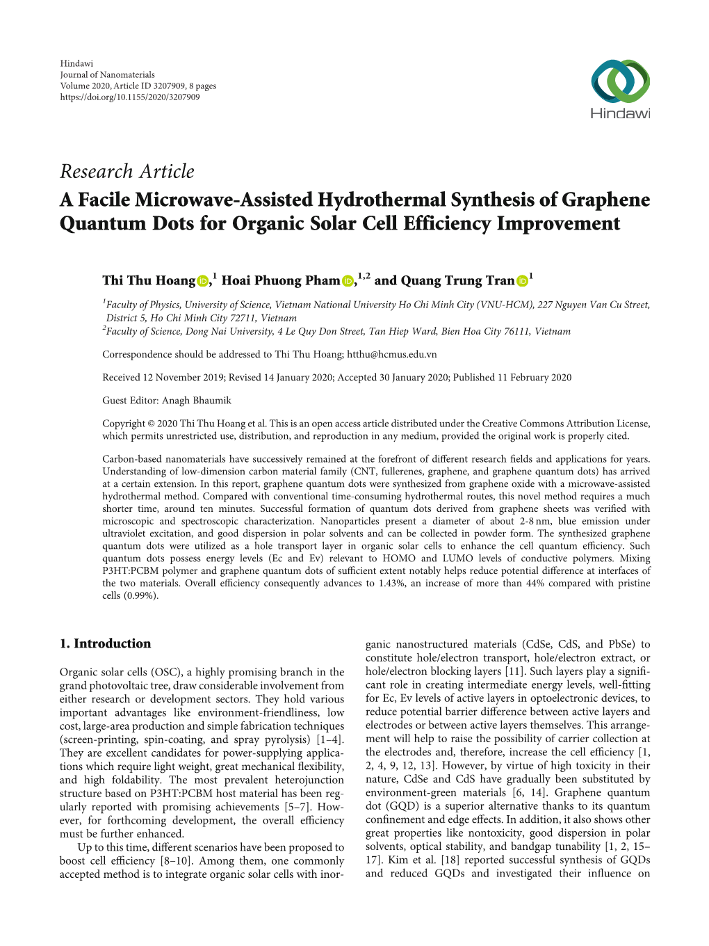 Research Article a Facile Microwave-Assisted Hydrothermal Synthesis of Graphene Quantum Dots for Organic Solar Cell Efficiency Improvement