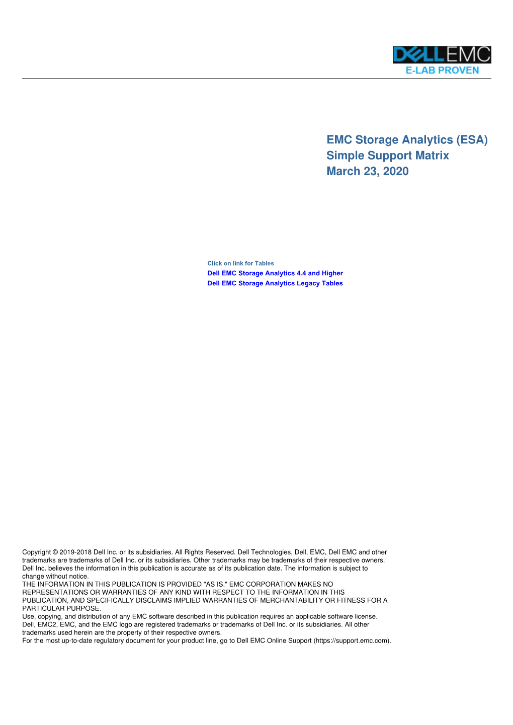 EMC Storage Analytics (ESA) Simple Support Matrix March 23, 2020