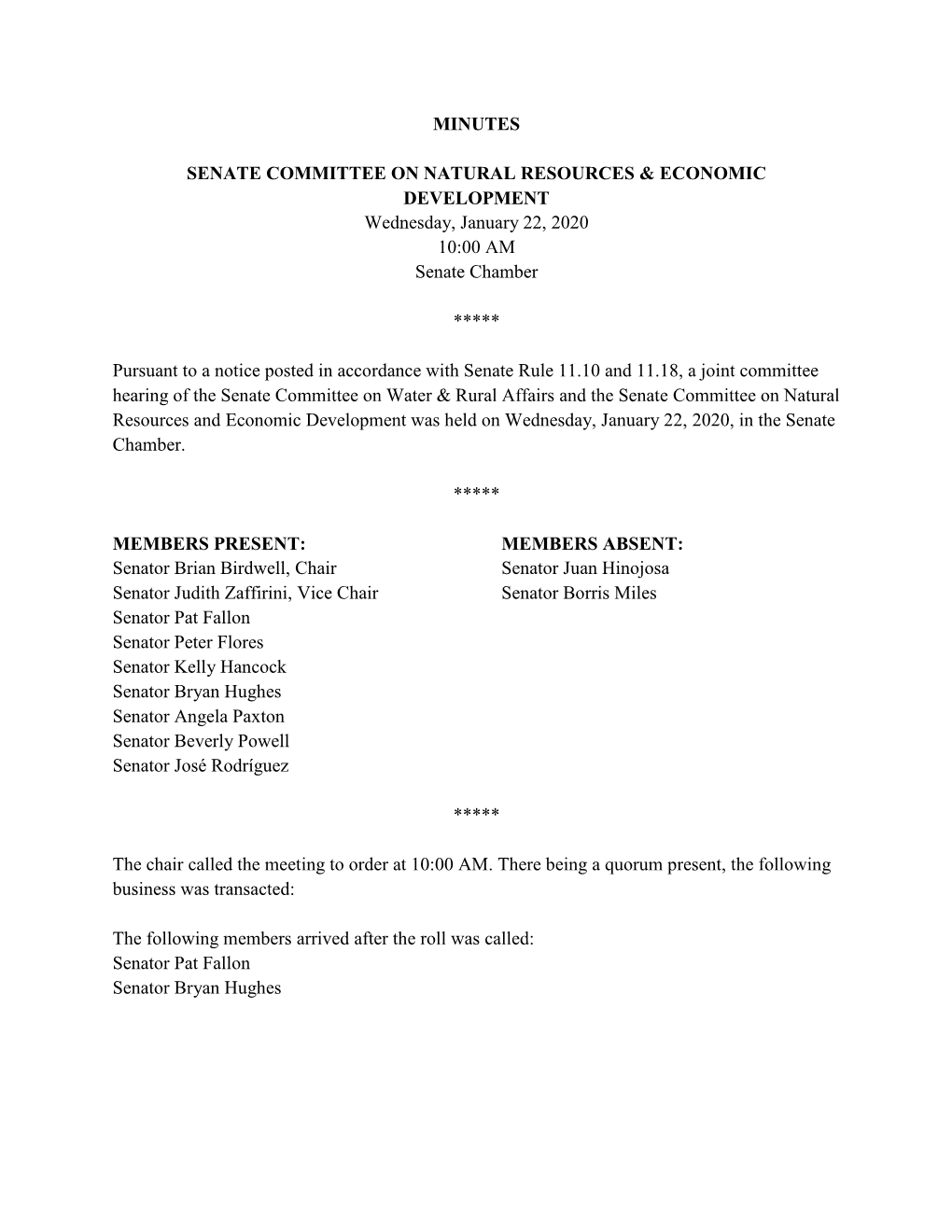 MINUTES SENATE COMMITTEE on NATURAL RESOURCES & ECONOMIC DEVELOPMENT Wednesday, January 22, 2020 10:00 AM Senate Chamber **